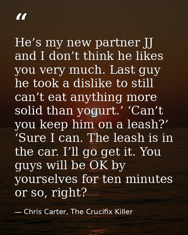 He’s my new partner JJ and I don’t think he likes you very much. Last guy he took a dislike to still can’t eat anything  — Chris Carter, The Crucifix Killer
