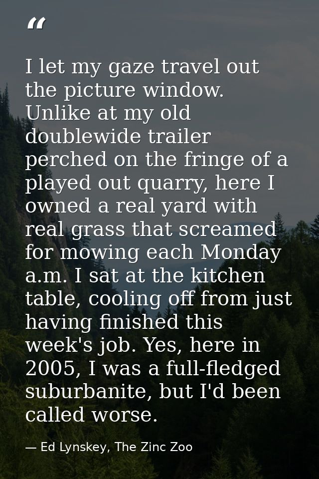I let my gaze travel out the picture window. Unlike at my old doublewide trailer perched on the fringe of a played out q — Ed Lynskey, The Zinc Zoo