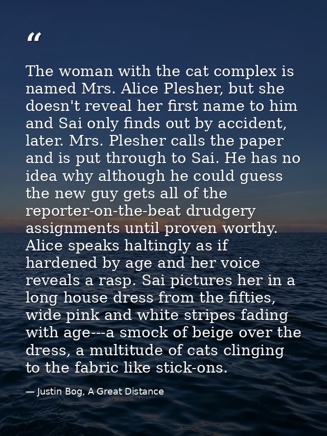 The woman with the cat complex is named Mrs. Alice Plesher, but she doesn't reveal her first name to him and Sai only fi — Justin Bog, A Great Distance