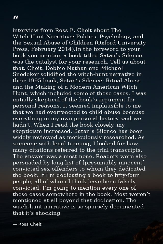 interview from Ross E. Cheit about The Witch-Hunt Narrative: Politics, Psychology, and the Sexual Abuse of Children (Oxf — Ross Cheit