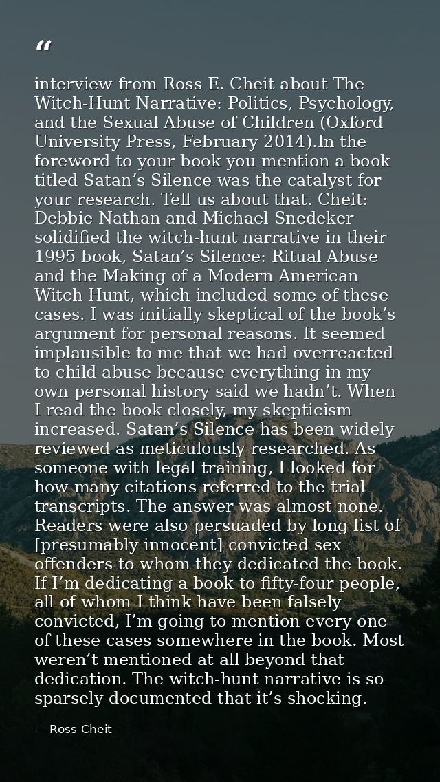 interview from Ross E. Cheit about The Witch-Hunt Narrative: Politics, Psychology, and the Sexual Abuse of Children (Oxf — Ross Cheit