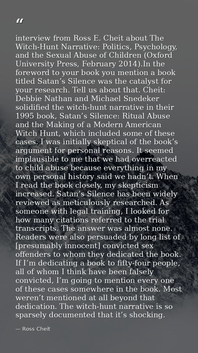interview from Ross E. Cheit about The Witch-Hunt Narrative: Politics, Psychology, and the Sexual Abuse of Children (Oxf — Ross Cheit