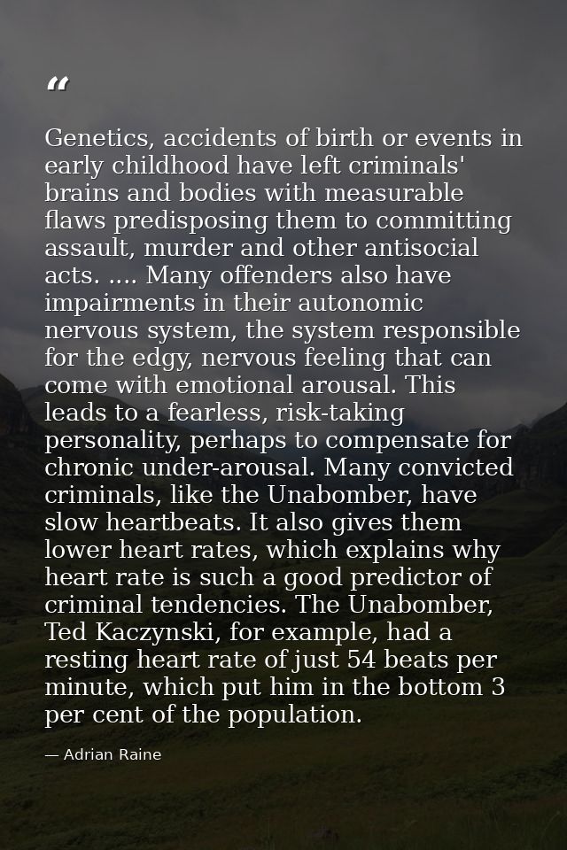 Genetics, accidents of birth or events in early childhood have left criminals' brains and bodies with measurable flaws p — Adrian Raine