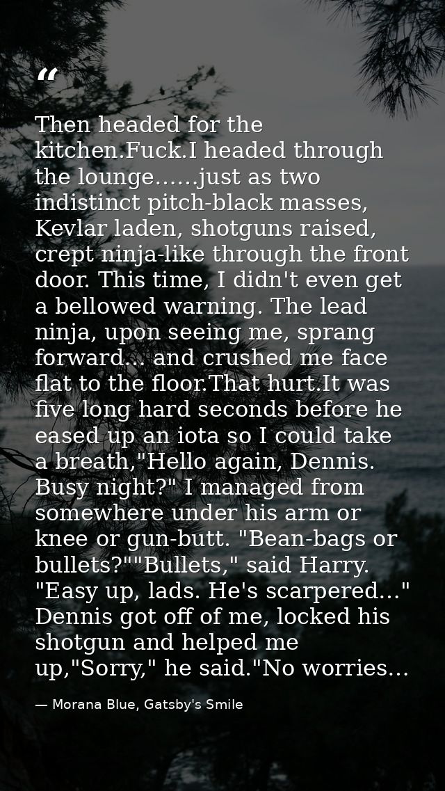 Then headed for the kitchen.Fuck.I headed through the lounge……just as two indistinct pitch-black masses, Kevlar laden, s — Morana Blue, Gatsby's Smile
