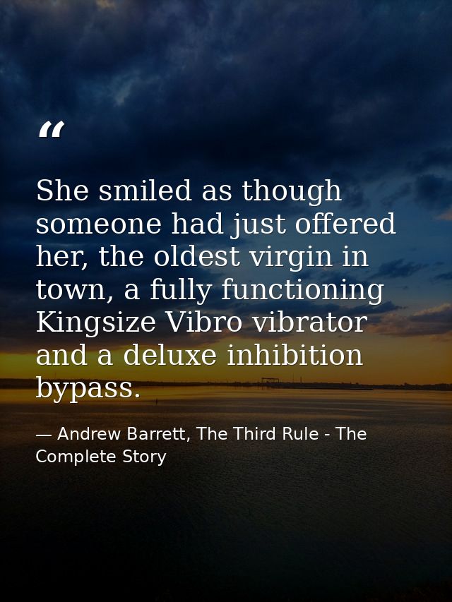 She smiled as though someone had just offered her, the oldest virgin in town, a fully functioning Kingsize Vibro vibrato — Andrew Barrett, The Third Rule - The Complete Story