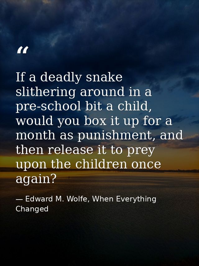 If a deadly snake slithering around in a pre-school bit a child, would you box it up for a month as punishment, and then — Edward M. Wolfe, When Everything Changed