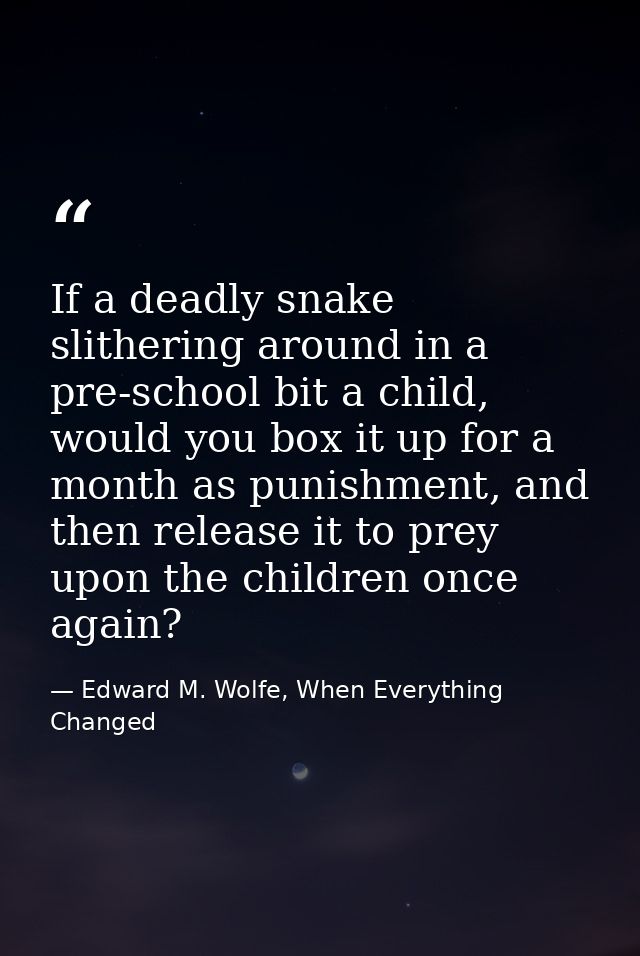 If a deadly snake slithering around in a pre-school bit a child, would you box it up for a month as punishment, and then — Edward M. Wolfe, When Everything Changed