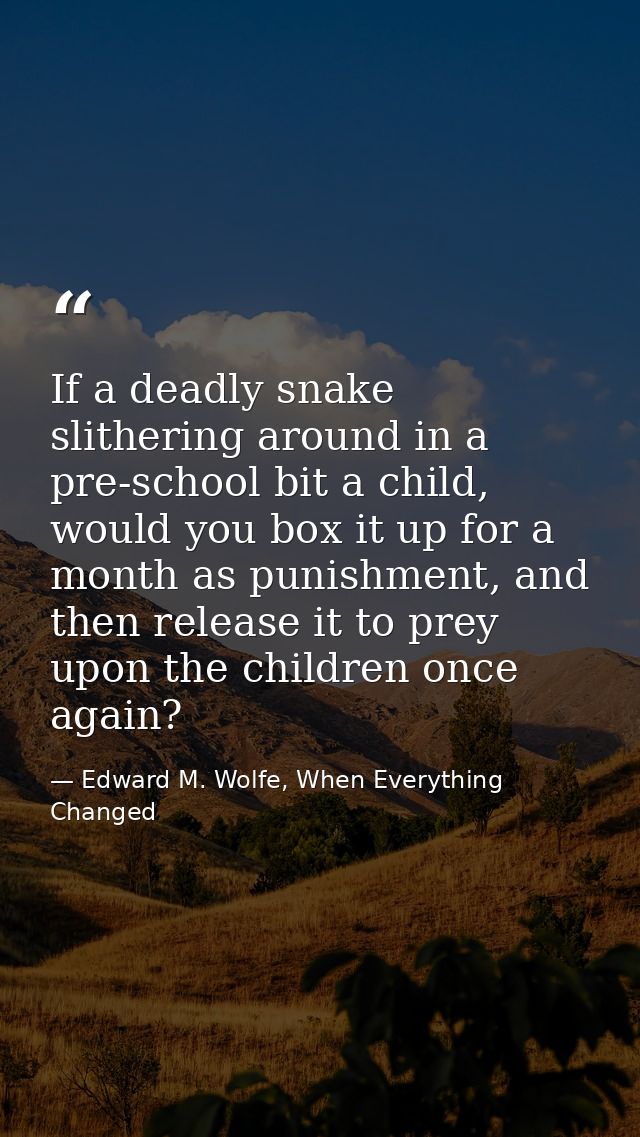 If a deadly snake slithering around in a pre-school bit a child, would you box it up for a month as punishment, and then — Edward M. Wolfe, When Everything Changed