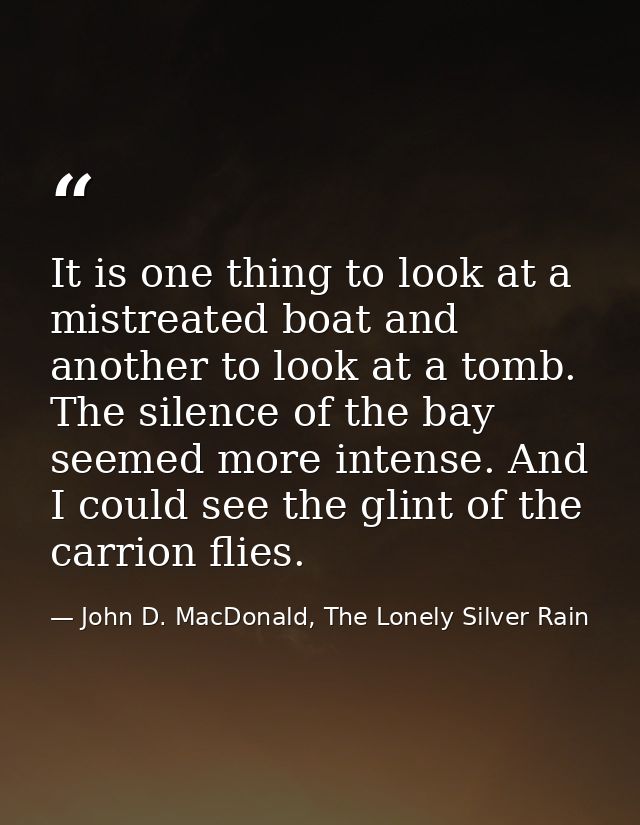 It is one thing to look at a mistreated boat and another to look at a tomb. The silence of the bay seemed more intense.  — John D. MacDonald, The Lonely Silver Rain