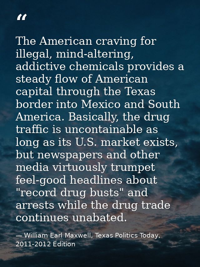 The American craving for illegal, mind-altering, addictive chemicals provides a steady flow of American capital through  — William Earl Maxwell, Texas Politics Today, 2011-2012 Edition