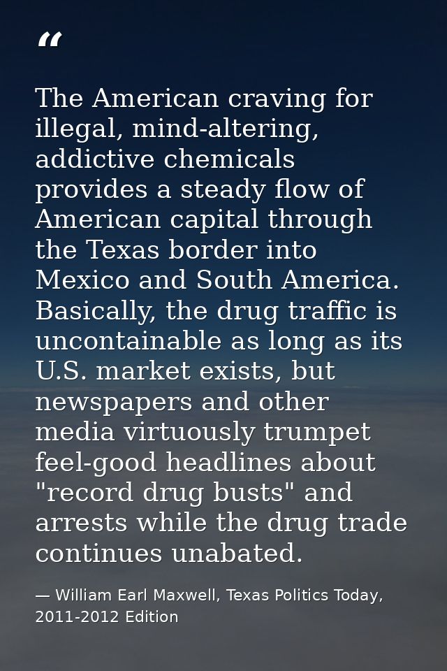 The American craving for illegal, mind-altering, addictive chemicals provides a steady flow of American capital through  — William Earl Maxwell, Texas Politics Today, 2011-2012 Edition