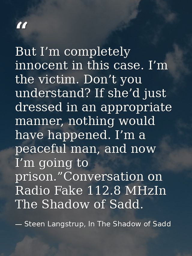 But I’m completely innocent in this case. I’m the victim. Don’t you understand? If she’d just dressed in an appropriate  — Steen Langstrup, In The Shadow of Sadd