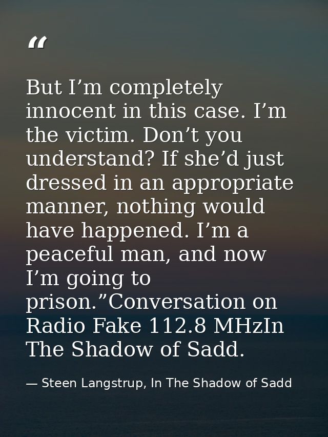 But I’m completely innocent in this case. I’m the victim. Don’t you understand? If she’d just dressed in an appropriate  — Steen Langstrup, In The Shadow of Sadd