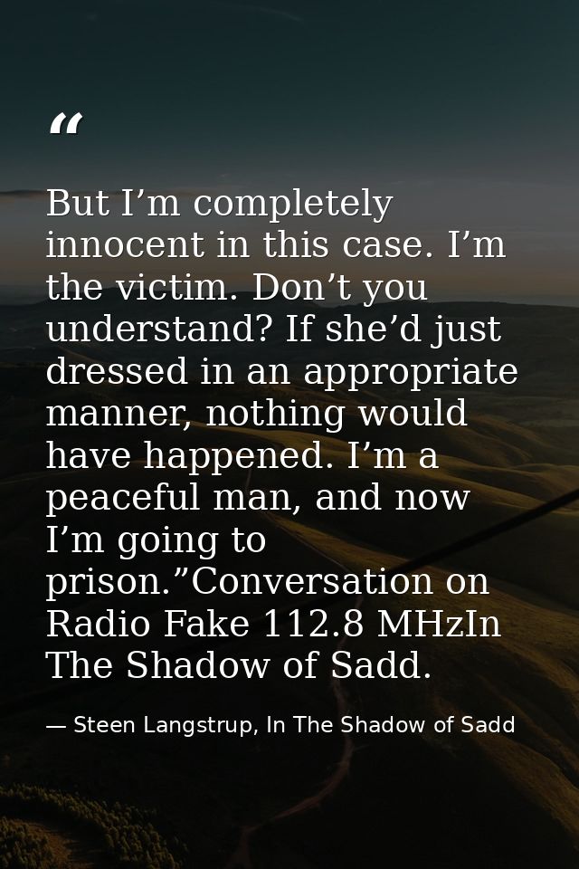But I’m completely innocent in this case. I’m the victim. Don’t you understand? If she’d just dressed in an appropriate  — Steen Langstrup, In The Shadow of Sadd