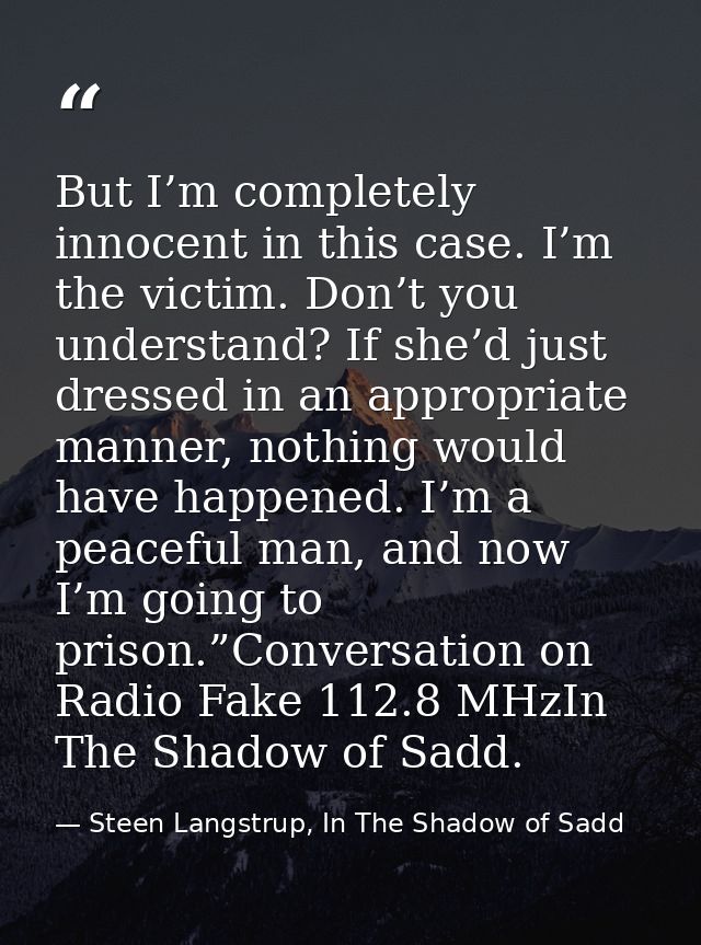 But I’m completely innocent in this case. I’m the victim. Don’t you understand? If she’d just dressed in an appropriate  — Steen Langstrup, In The Shadow of Sadd