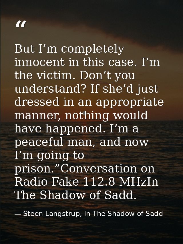 But I’m completely innocent in this case. I’m the victim. Don’t you understand? If she’d just dressed in an appropriate  — Steen Langstrup, In The Shadow of Sadd