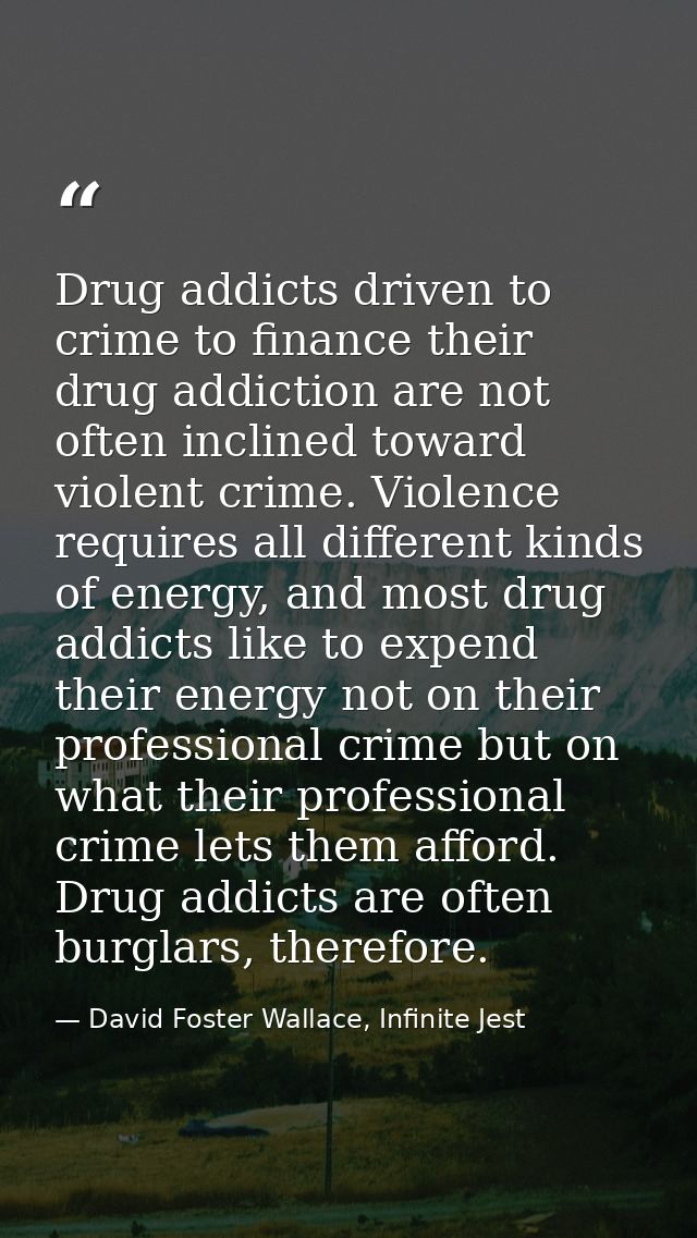 Drug addicts driven to crime to finance their drug addiction are not often inclined toward violent crime. Violence requi — David Foster Wallace, Infinite Jest