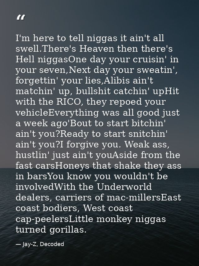 I'm here to tell niggas it ain't all swell.There's Heaven then there's Hell niggasOne day your cruisin' in your seven,Ne — Jay-Z, Decoded