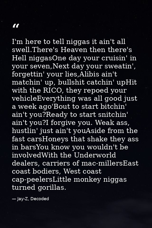 I'm here to tell niggas it ain't all swell.There's Heaven then there's Hell niggasOne day your cruisin' in your seven,Ne — Jay-Z, Decoded