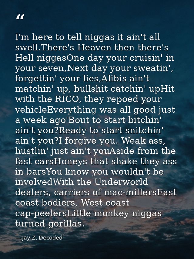 I'm here to tell niggas it ain't all swell.There's Heaven then there's Hell niggasOne day your cruisin' in your seven,Ne — Jay-Z, Decoded