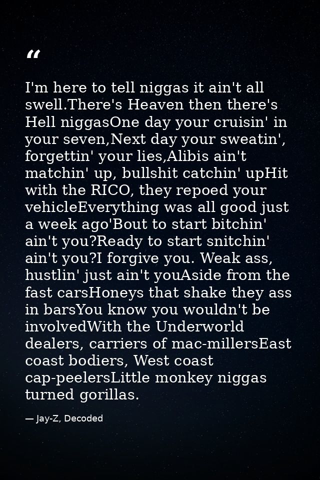 I'm here to tell niggas it ain't all swell.There's Heaven then there's Hell niggasOne day your cruisin' in your seven,Ne — Jay-Z, Decoded