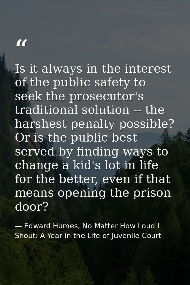 Is it always in the interest of the public safety to seek the prosecutor's traditional solution -- the harshest penalty  — Edward Humes, No Matter How Loud I Shout: A Year in the Life of Juvenile Court