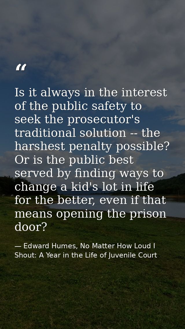 Is it always in the interest of the public safety to seek the prosecutor's traditional solution -- the harshest penalty  — Edward Humes, No Matter How Loud I Shout: A Year in the Life of Juvenile Court