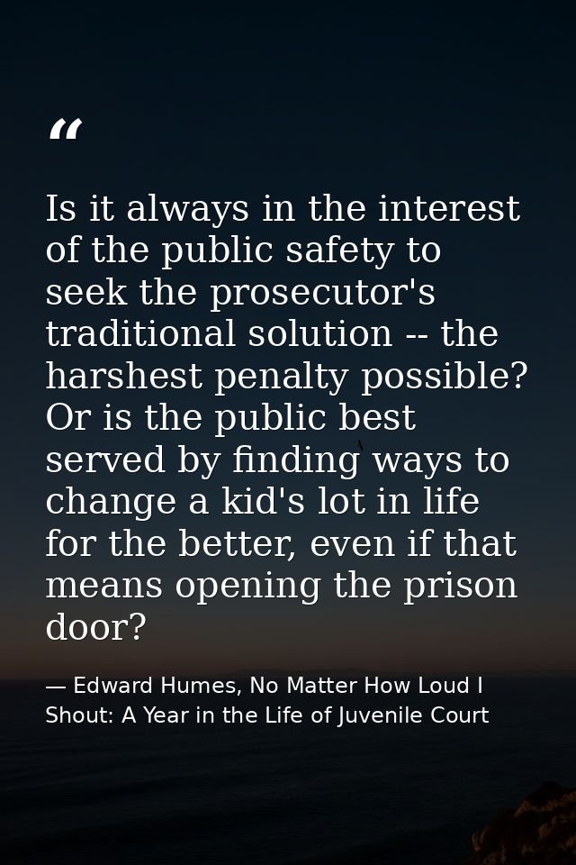 Is it always in the interest of the public safety to seek the prosecutor's traditional solution -- the harshest penalty  — Edward Humes, No Matter How Loud I Shout: A Year in the Life of Juvenile Court