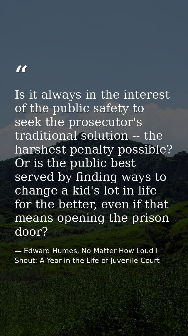 Is it always in the interest of the public safety to seek the prosecutor's traditional solution -- the harshest penalty  — Edward Humes, No Matter How Loud I Shout: A Year in the Life of Juvenile Court