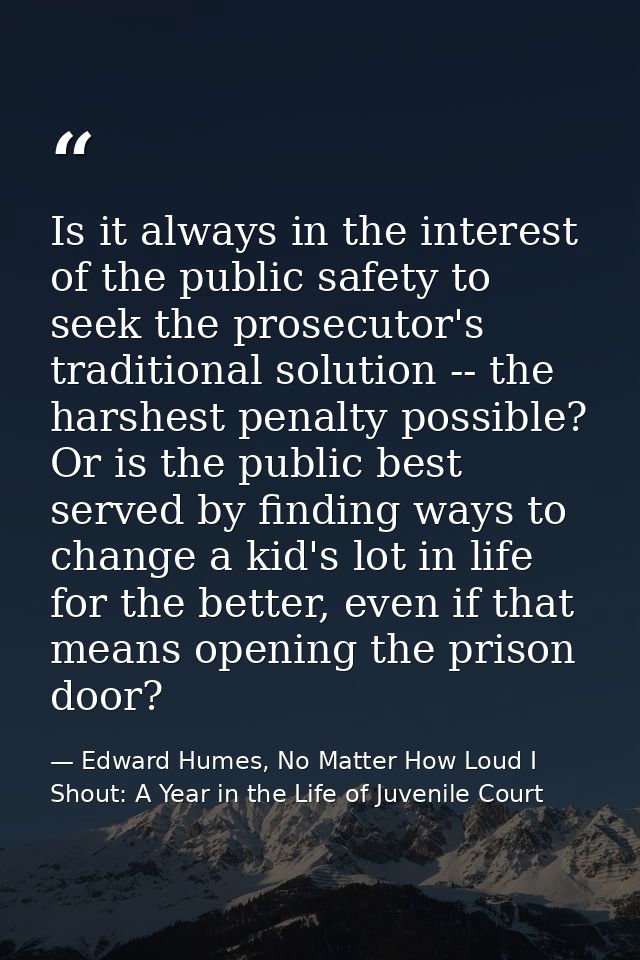 Is it always in the interest of the public safety to seek the prosecutor's traditional solution -- the harshest penalty  — Edward Humes, No Matter How Loud I Shout: A Year in the Life of Juvenile Court