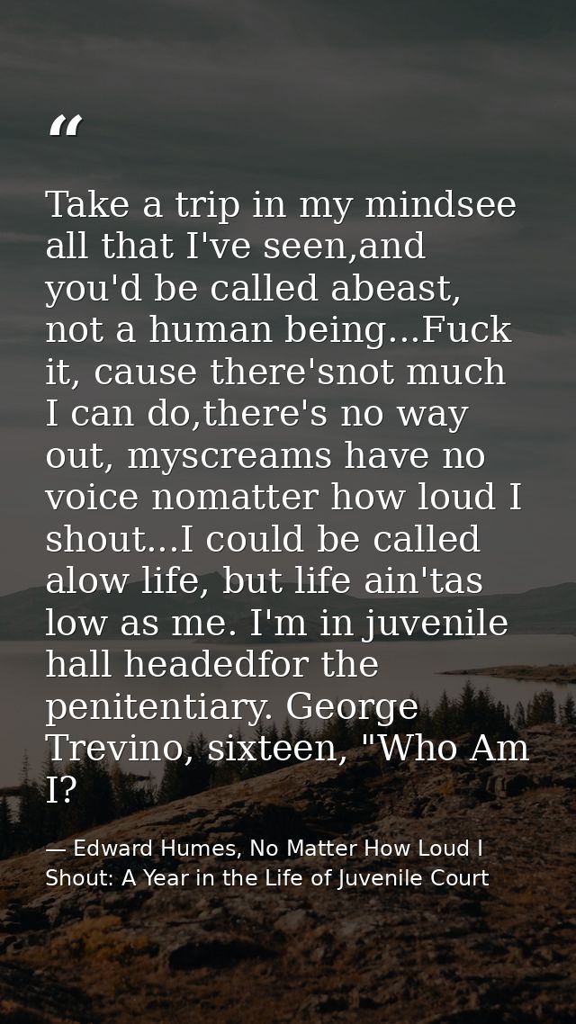 Take a trip in my mindsee all that I've seen,and you'd be called abeast, not a human being...Fuck it, cause there'snot m — Edward Humes, No Matter How Loud I Shout: A Year in the Life of Juvenile Court