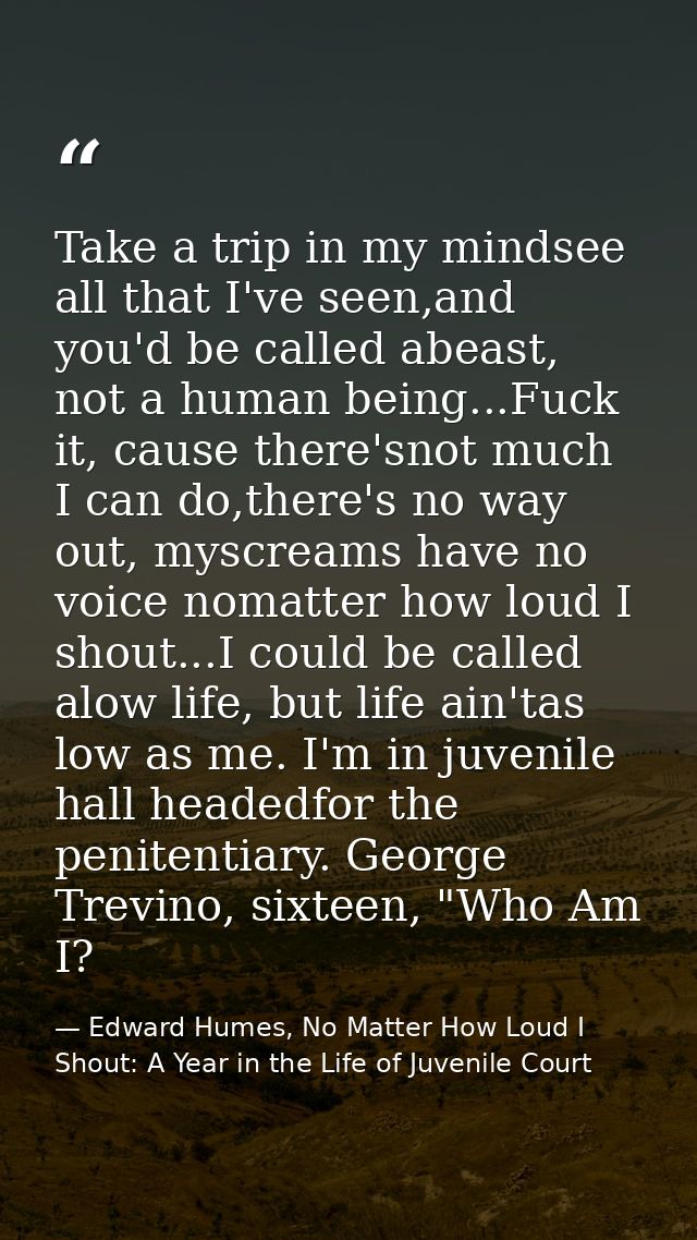 Take a trip in my mindsee all that I've seen,and you'd be called abeast, not a human being...Fuck it, cause there'snot m — Edward Humes, No Matter How Loud I Shout: A Year in the Life of Juvenile Court