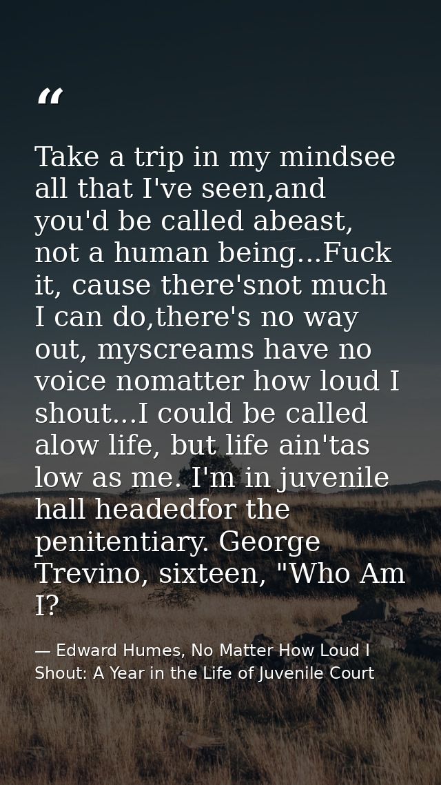Take a trip in my mindsee all that I've seen,and you'd be called abeast, not a human being...Fuck it, cause there'snot m — Edward Humes, No Matter How Loud I Shout: A Year in the Life of Juvenile Court