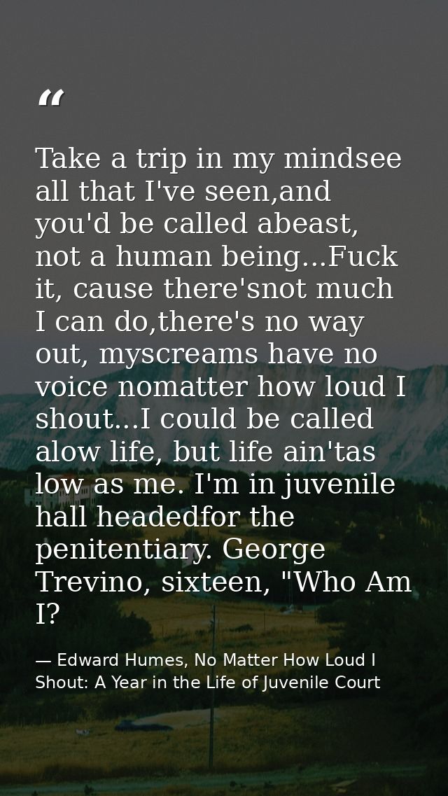 Take a trip in my mindsee all that I've seen,and you'd be called abeast, not a human being...Fuck it, cause there'snot m — Edward Humes, No Matter How Loud I Shout: A Year in the Life of Juvenile Court