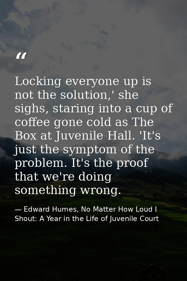 Locking everyone up is not the solution,' she sighs, staring into a cup of coffee gone cold as The Box at Juvenile Hall. — Edward Humes, No Matter How Loud I Shout: A Year in the Life of Juvenile Court