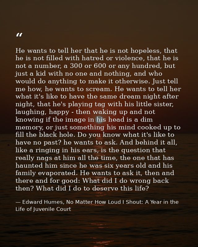 He wants to tell her that he is not hopeless, that he is not filled with hatred or violence, that he is not a number, a  — Edward Humes, No Matter How Loud I Shout: A Year in the Life of Juvenile Court