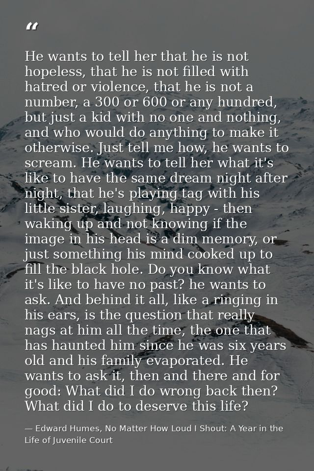 He wants to tell her that he is not hopeless, that he is not filled with hatred or violence, that he is not a number, a  — Edward Humes, No Matter How Loud I Shout: A Year in the Life of Juvenile Court