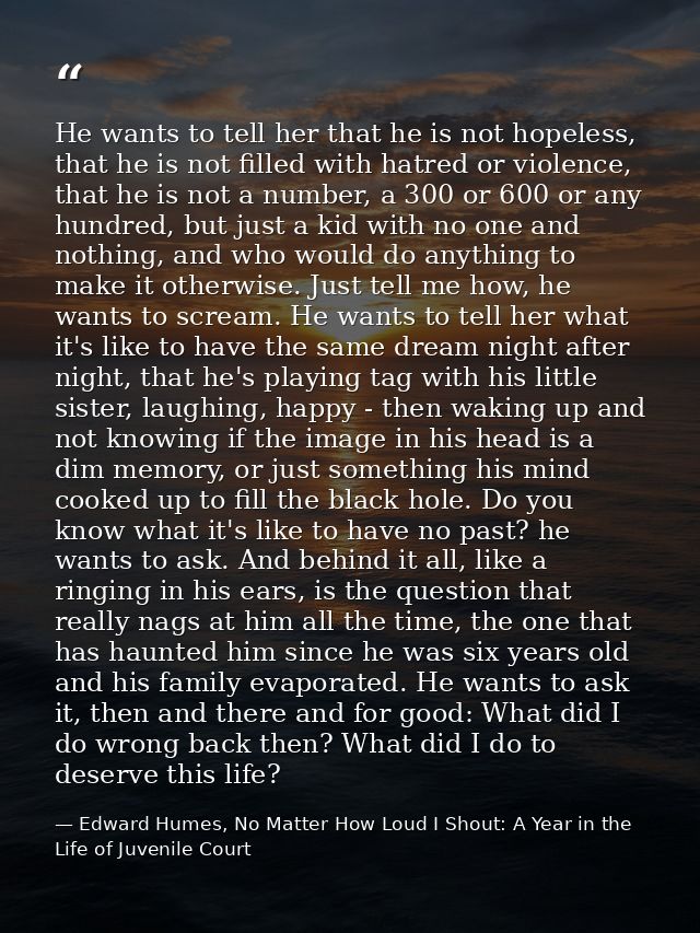 He wants to tell her that he is not hopeless, that he is not filled with hatred or violence, that he is not a number, a  — Edward Humes, No Matter How Loud I Shout: A Year in the Life of Juvenile Court