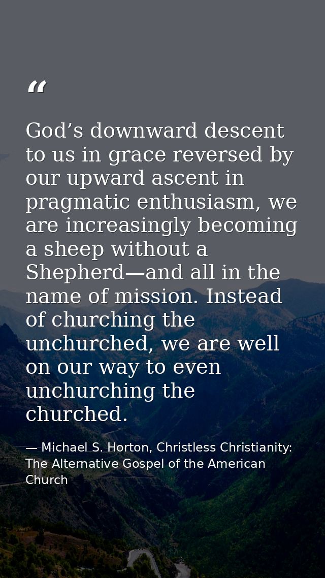God’s downward descent to us in grace reversed by our upward ascent in pragmatic enthusiasm, we are increasingly becomin — Michael S. Horton, Christless Christianity: The Alternative Gospel of the American Church