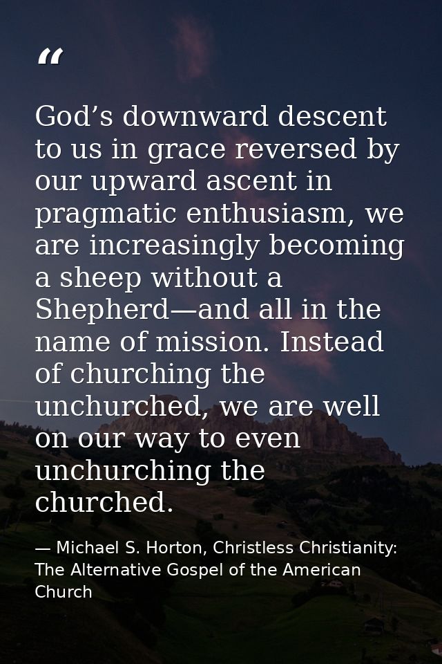 God’s downward descent to us in grace reversed by our upward ascent in pragmatic enthusiasm, we are increasingly becomin — Michael S. Horton, Christless Christianity: The Alternative Gospel of the American Church