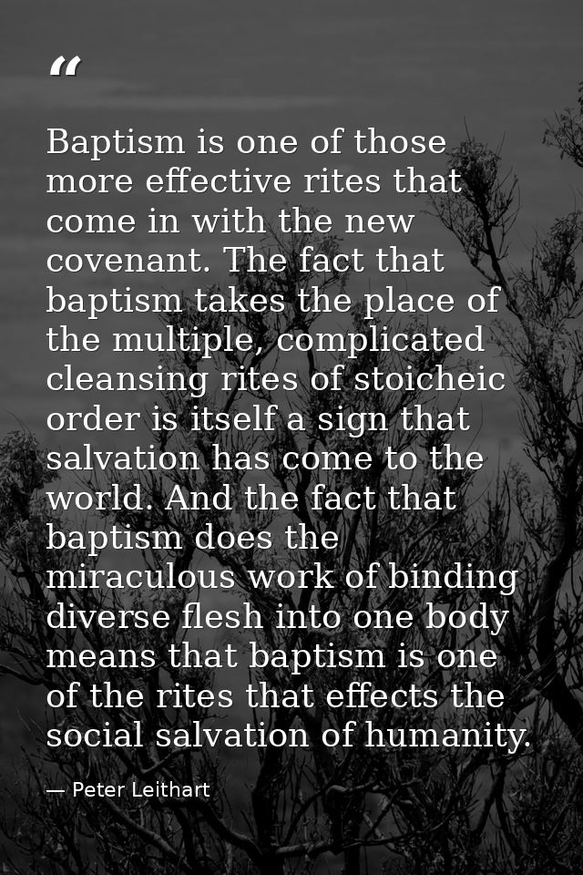 Baptism is one of those more effective rites that come in with the new covenant. The fact that baptism takes the place o — Peter Leithart