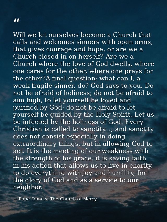 Will we let ourselves become a Church that calls and welcomes sinners with open arms, that gives courage and hope, or ar — Pope Francis, The Church of Mercy