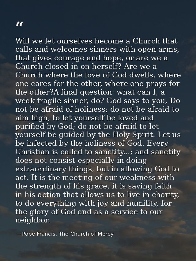 Will we let ourselves become a Church that calls and welcomes sinners with open arms, that gives courage and hope, or ar — Pope Francis, The Church of Mercy