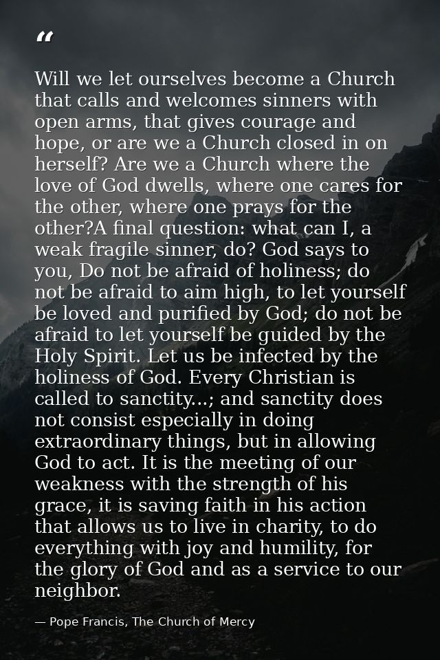 Will we let ourselves become a Church that calls and welcomes sinners with open arms, that gives courage and hope, or ar — Pope Francis, The Church of Mercy