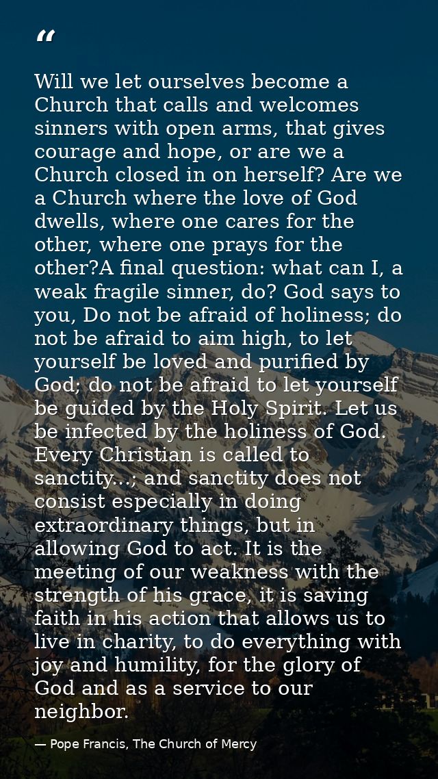 Will we let ourselves become a Church that calls and welcomes sinners with open arms, that gives courage and hope, or ar — Pope Francis, The Church of Mercy