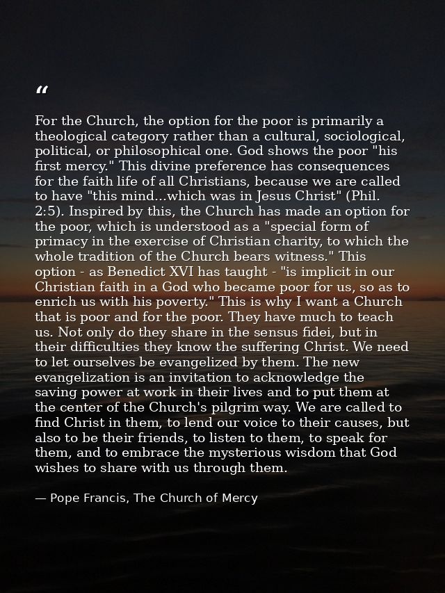 For the Church, the option for the poor is primarily a theological category rather than a cultural, sociological, politi — Pope Francis, The Church of Mercy