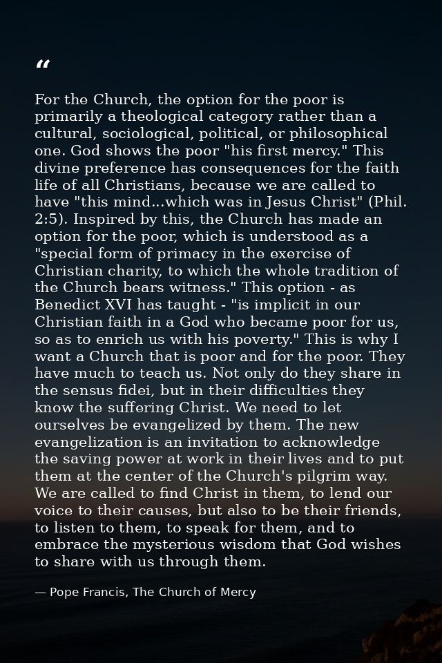 For the Church, the option for the poor is primarily a theological category rather than a cultural, sociological, politi — Pope Francis, The Church of Mercy