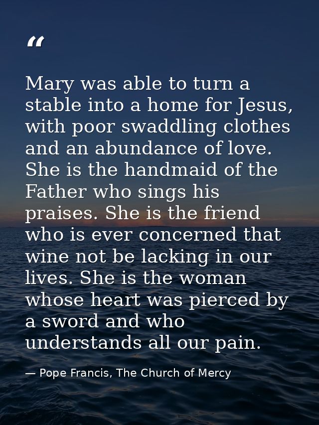 Mary was able to turn a stable into a home for Jesus, with poor swaddling clothes and an abundance of love. She is the h — Pope Francis, The Church of Mercy