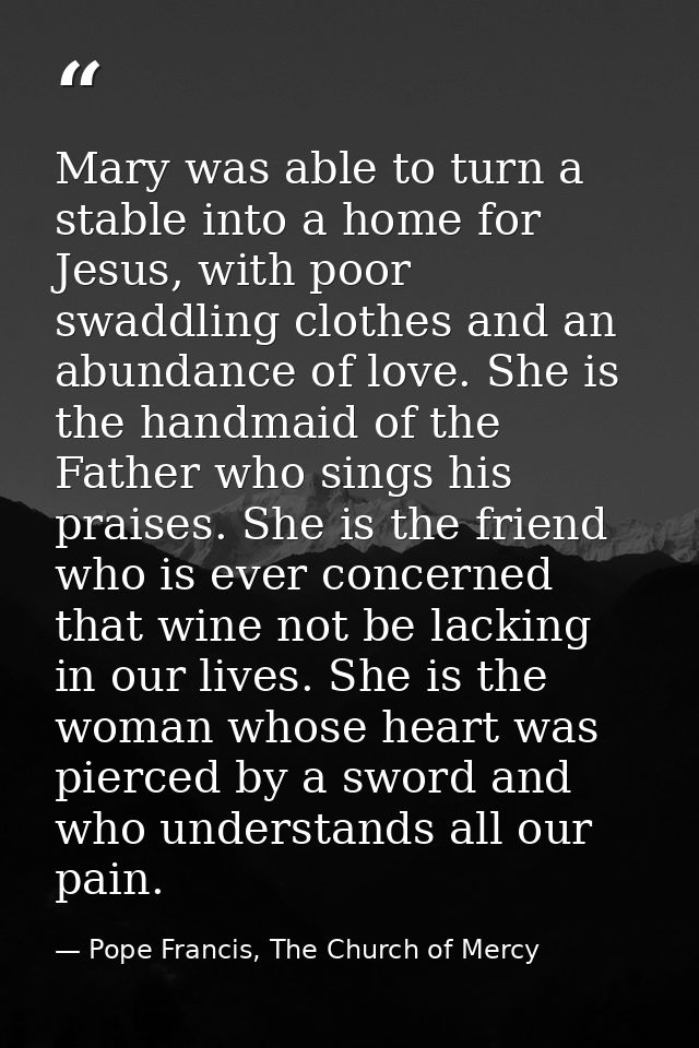 Mary was able to turn a stable into a home for Jesus, with poor swaddling clothes and an abundance of love. She is the h — Pope Francis, The Church of Mercy