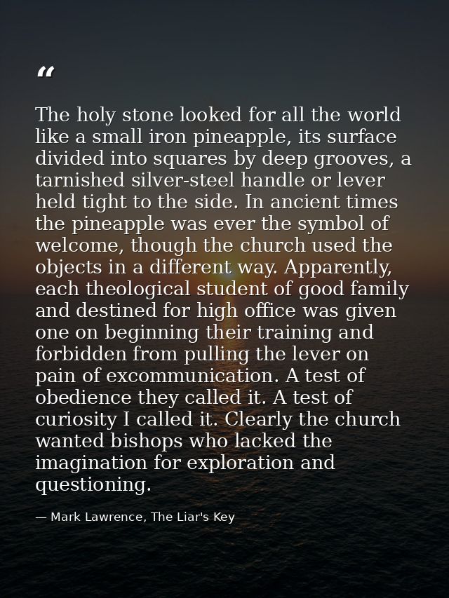 The holy stone looked for all the world like a small iron pineapple, its surface divided into squares by deep grooves, a — Mark Lawrence, The Liar's Key